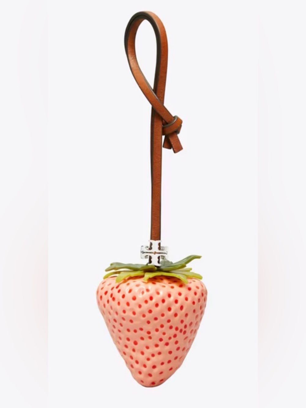 NWT Tory Burch 3D Pink Strawberry Bag Charm Leather Key Fob Silver Logo Accent - Picture 3 of 3
